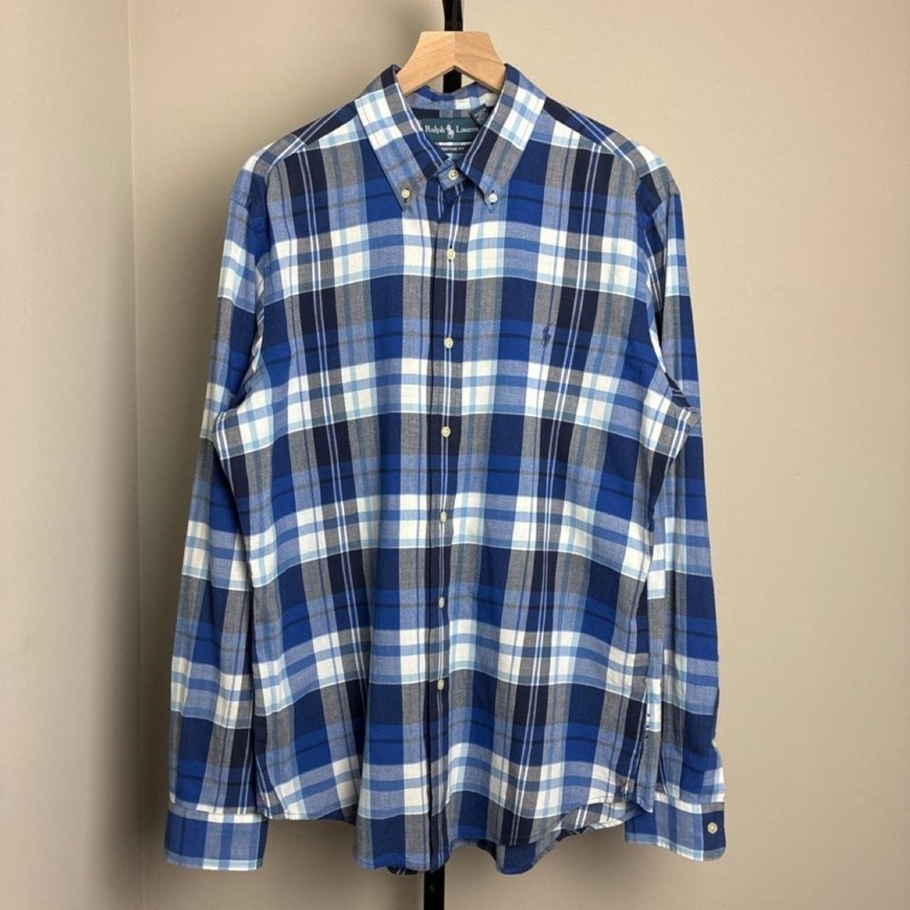 Ralph Lauren Large Custom Fit Plaid Button Down Shirt Blue and White Preppy